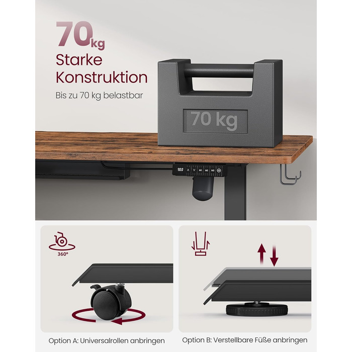 Електричний регульований стіл VASAGLE, 60 x 140 см, висота 72-120 см, 4 пам'яті, vintage brown, LSD174X01