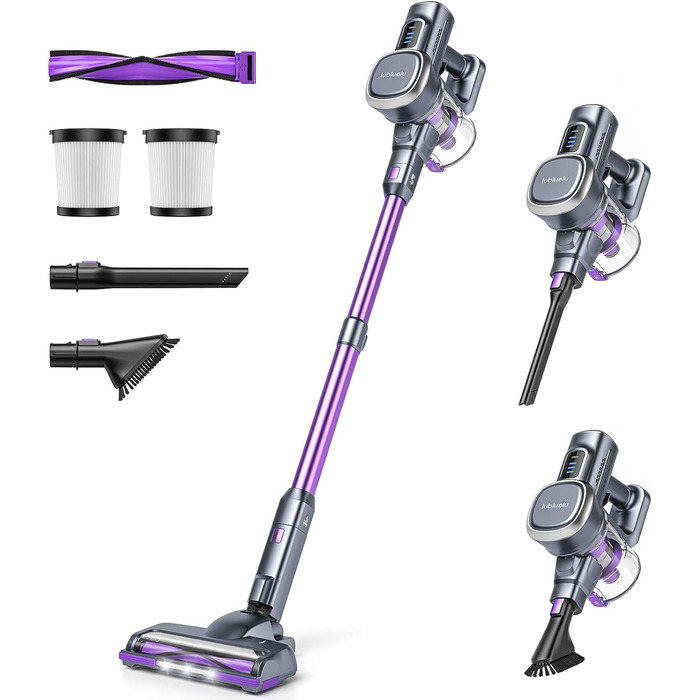 Бездротовий пилосос Lubluelu 27000Pa з акумулятором, 220W, час роботи 50 хв, 2 насадки та 2 фільтри для твердих поверхонь, фіолетовий