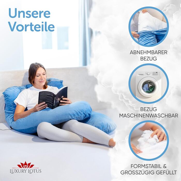 Лотос Подушка для тих, хто спить на боці [З підігрівом] XXL Комфортна подушка для вагітних та годуючих | Хмарно-блакитний