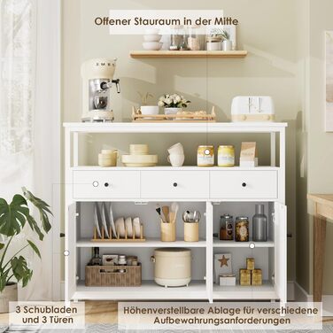 Білий комод-буфет FirFurd з 3 шухлядами та 3 дверцятами для кухні, вітальні, їдальні, 108x38x98,5 см, регульована полиця