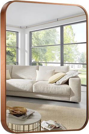 Дзеркало для ванної кімнати на стіну з округлим прямокутним дизайном та коричневим металевим каркасом. Підходить для ванної, передпокою, вітальні, спальні. Вертикальна або горизонтальна орієнтація. Розміри: 91.4 x 61 см, колір: брашкова бронза.