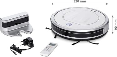 Робот-пилосос MEDION MD 19100 з базою та пультом дистанційного керування. Оптимізований для власників тварин та алергіків, ультратонкий, для твердих підлог та килимів, з функцією розпізнавання перешкод та сходинок