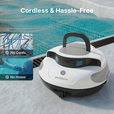 POOLPURE робот-пилосос для басейну, акумулятор 5000 мА·год, 120 хв автономної роботи, бездротовий, автоматичне паркування, LED-індикація, IPX8, для басейнів до 90 м²