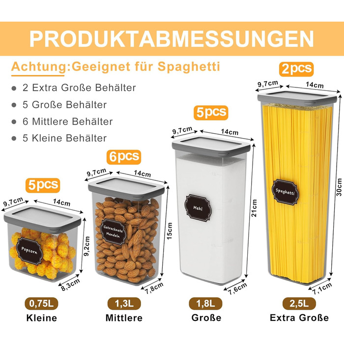 Набір контейнерів для зберігання продуктів 18 шт. з кришкою, герметичні, для кухні, антрацит (до 2,5л)