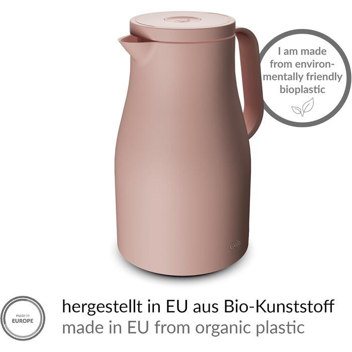 Термос Alfi ECONSCIOUS 1.0л з термоізоляційним вкладишем з біо-пластику, кришкою з поворотним механізмом та кнопкою, для зручного наливання однією рукою, ідеальний для кави та чаю, без BPA (Колір: Powder Rose)