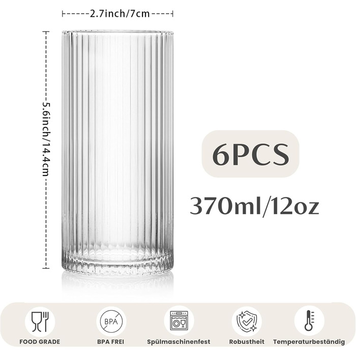 Набір склянок INSETLAN 370мл (6 шт.) для напоїв: віскі, пива, соків, кави та коктейлів | Склянка Long Drink | Склянка для води | Склянка для напоїв | Можна мити в посудомийній машині