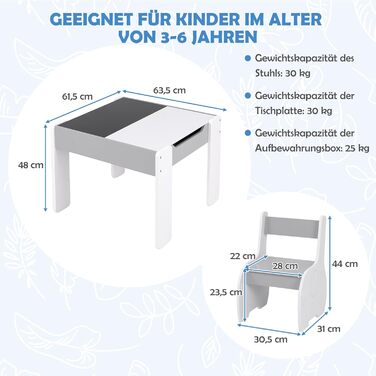 Дерев'яний дитячий стіл з 2 стільцями DREAMADE, 3-х частинний набір меблів для дітей, стіл з двосторонньою поверхнею та місцем для зберігання, набір меблів для хлопчиків та дівчаток (білий, світло-сірий)