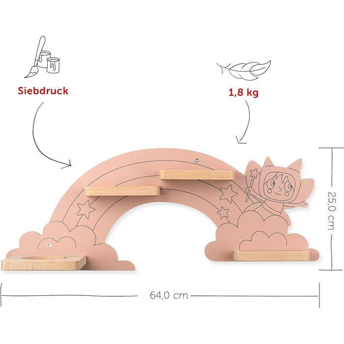 Полиця Тоні За веселкою, полиця для тонібоксу та статуеток, середня полиця в казково-рожевому кольорі до 25
