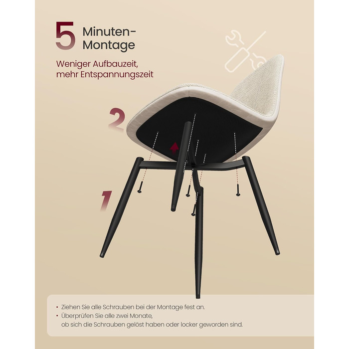 Стільці для їдальні VASAGLE (2 шт.) - м'які, з металевими ніжками, регульовані, кремово-білі