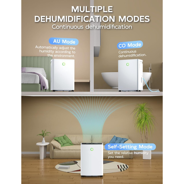 Електричний осушувач повітря 12л/24г з автоматичним та безперервним зливом (шланг у комплекті), для спалень та підвалів, LED-дисплей, тихий, з таймером