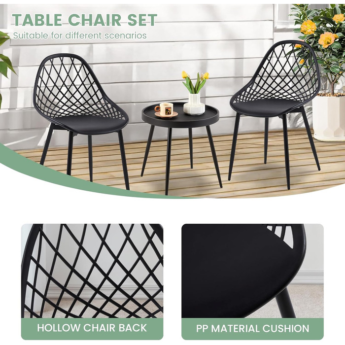 Набір меблів для балкона на 2 особи: стіл та 2 стільці, чорний колір. Регульовані ніжки, підходить для балкона, тераси та саду