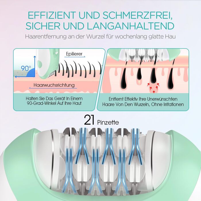 Електричний епілятор для жінок HR110 з 21 пінцетом та LED-підсвіткою, бездротовий пристрій для видалення волосся на ногах та руках, 2 швидкості, світло-зелений