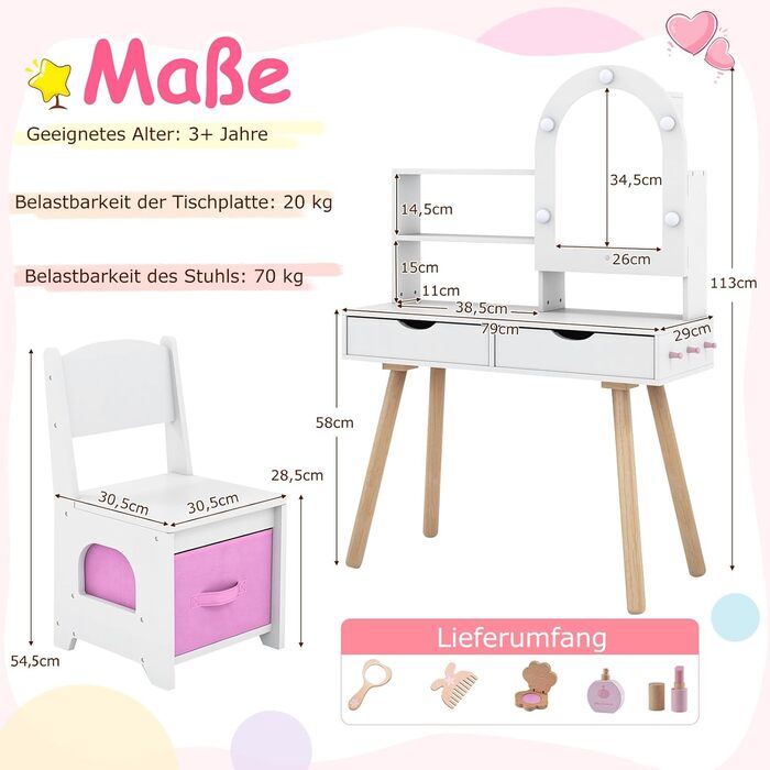 Детський туалетний столик COSTWAY 2-в-1 зі стільчиком та дзеркалом, з LED-підсвіткою, з шухлядами, для дівчаток 3-7 років, колір білий