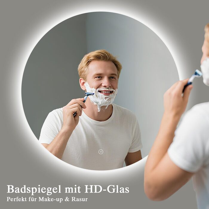 LED-дзеркало для ванної кімнати круглої форми 50 см з підсвічуванням, сенсорним вимикачем, регулюванням яскравості, 3 кольорами світла, функцією пам'яті, HD скло, захист від вибуху