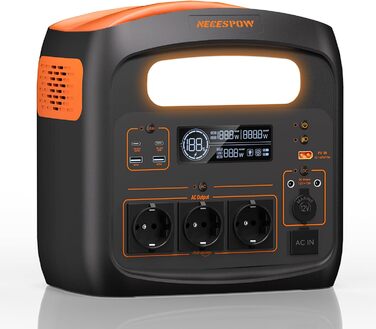 Портативна електростанція 1500W (3000W пікова потужність), 1102,5Wh LiMnFePO4 акумулятор, швидка зарядка за 90 хв, PD 100W, USB-C/AC/DC, сонячна панель, для кемпінгу, резервне живлення, на відкритому повітрі (Помаранчевий + Чорний)