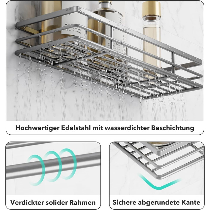 Душова полиця без свердління 2 шт. и Душова полиця для ванної кімнати з 2 клейовими поверхнями, нержавіюча сталь сріблясто-сіра