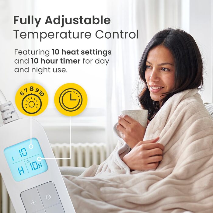 Електрична ковдра Cosi Home 180x130 см з регулюванням температури, таймером та захистом від перегріву. Зручна флісова ковдра з 10 рівнями нагріву та дистанційним керуванням. Колір: кремовий.