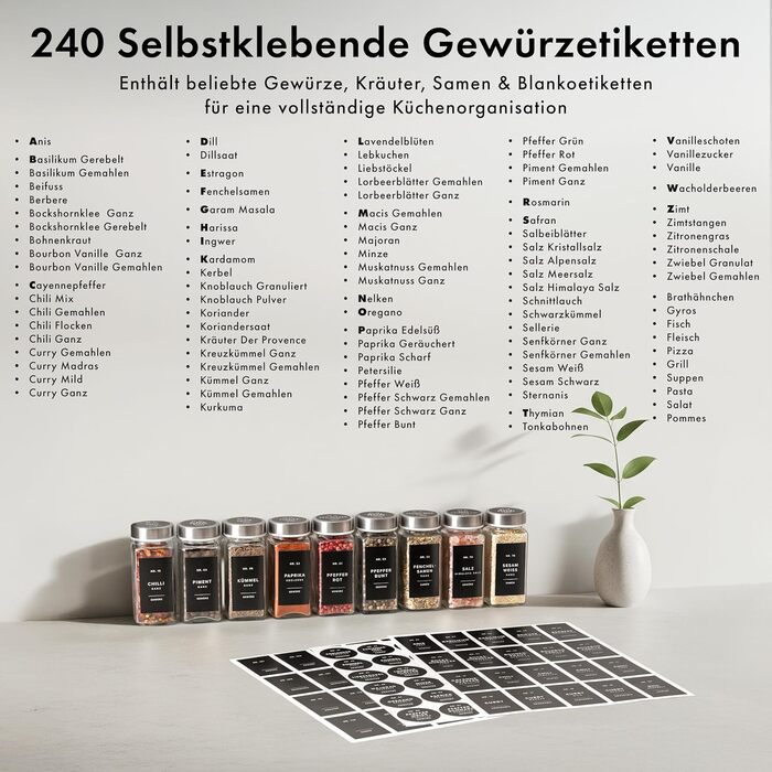 Набір кутових банок для спецій з нержавіючою кришкою (24 x 120 мл) з дозатором та 240 чорними етикетками - високоякісні контейнери для спецій, органайзер для спецій [10,7 см x 4,5 см]