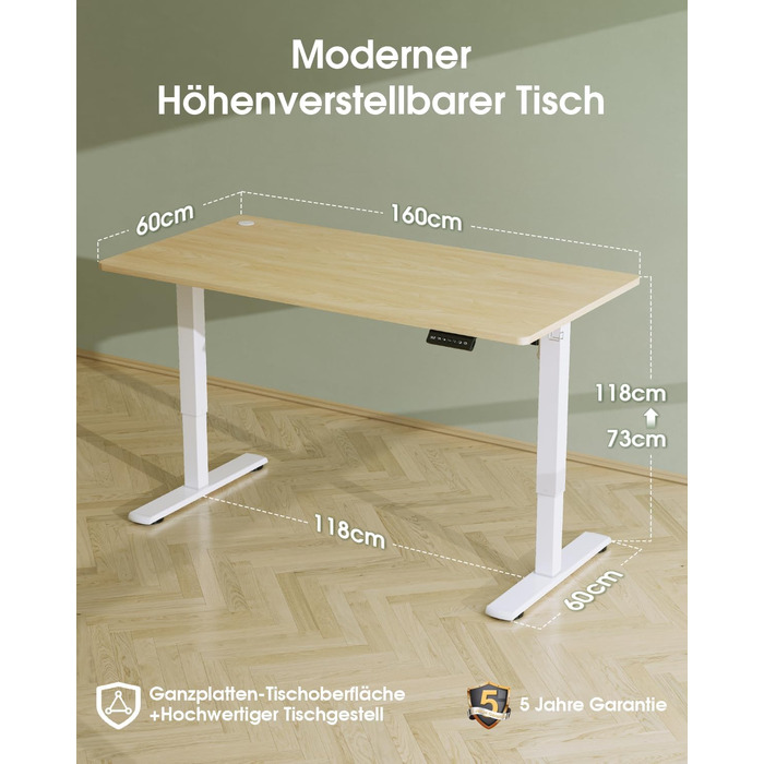 Електричний стіл Flamaker з регулюванням висоти, 160 x 60 см, з пам'яттю, для геймінгу, USB-зарядка (Бежевий)