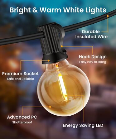 LED гірлянда для вулиці, 20 метрів, G40, 30+2 лампочки, пластик, IP44, вологостійка, для саду, вечірки, тепле світло, 20м, EU