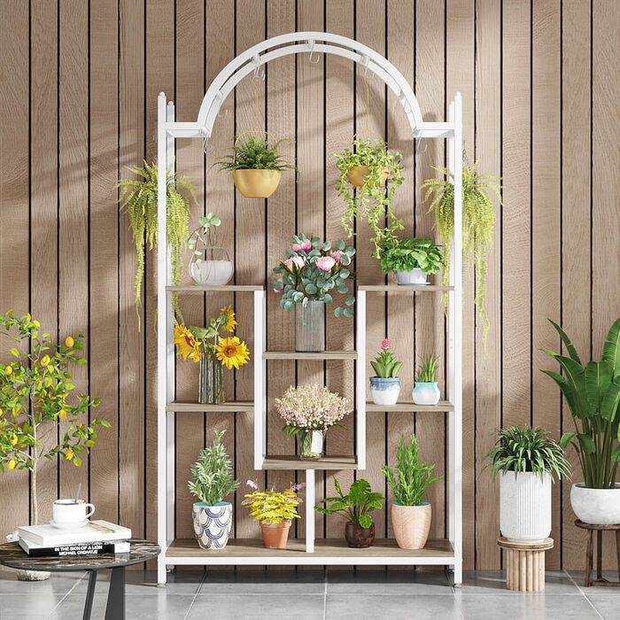 Плантатор Tribesigns з 5 полицями для дому, металева конструкція, полиці-арки з гачками, велика підставка для квіткових горщиків, для саду, балкону, вітальні, білий та сірий