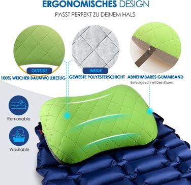 Надувна подушка для кемпінгу/подорожей зі знімною наволочкою, ергономічна подушка для голови, зручна подушка для шиї для подорожей/активного відпочинку, надувна Дорожня подушка для шиї (Зелена)