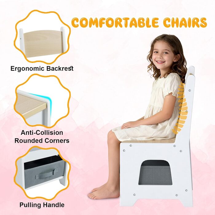 Дитячий стіл LIFEZEAL 3 в 1 з 2 стільцями: стіл для малювання, активностей та їжі. Дитяча меблева група з дерева з місцем для зберігання (колір дерева)