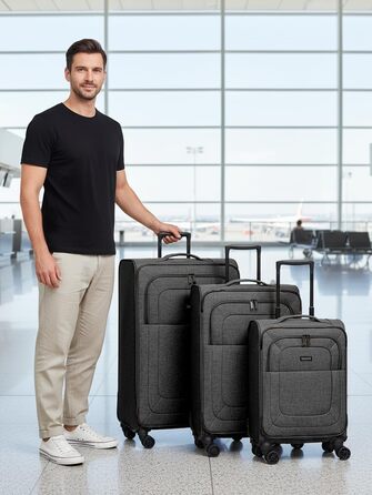 Набір тканинних валіз REDOLZ Essentials 12 (3 шт.), чорні дорожні Trolley з 4-ма подвійними колесами, TSA-замком та функцією розширення