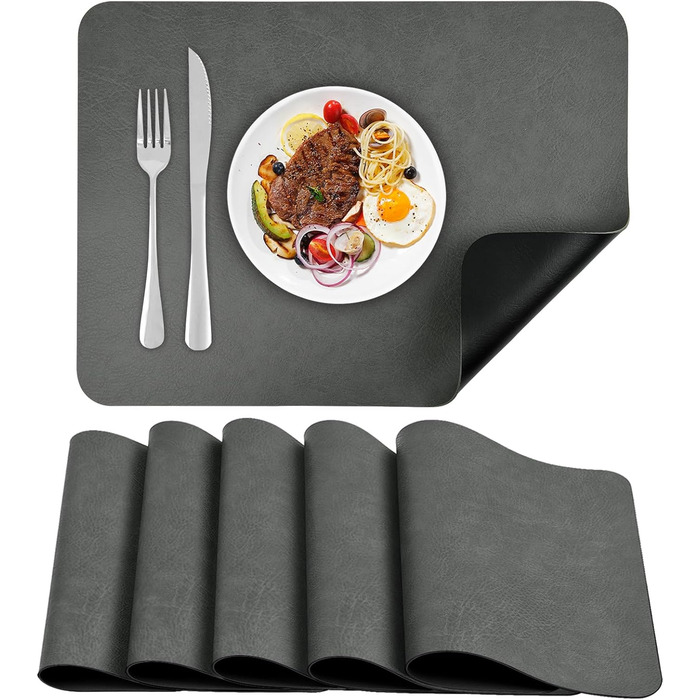 Набір підставок під тарілки 6 шт, неслизькі, миючіся, з штучної шкіри, 40 x 30 см (сірий/чорний)