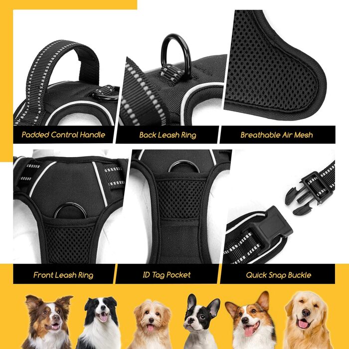 Шлейка для собак, світловідбиваюча шлейка-жилет, м'яка, дихаюча, регулюється для великих собак (чорна, L)