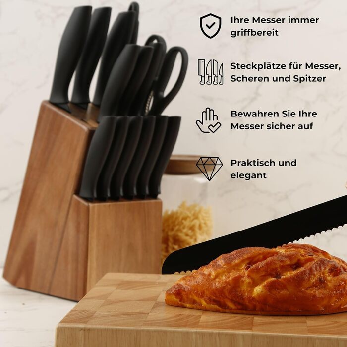 Набір ножів кухонних 15 шт. з дерев'яним блоком (з ножицями та точилкою). Набір ножів з блоком з масиву акації