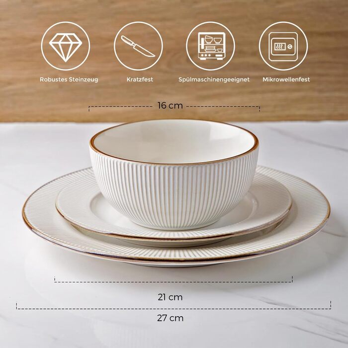 Набір посуду GBhome на 6 осіб, 18 предметів, ручної роботи, кераміка, дизайн 'Діамант', сумісний з мікрохвильовою піччю та посудомийною машиною