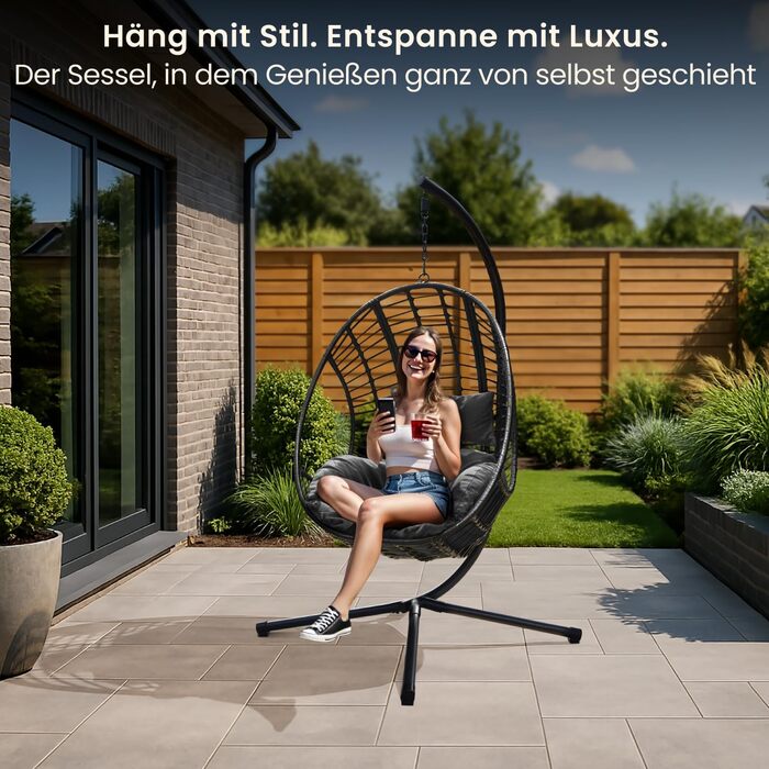 XXL Гамак-крісло Swoods з каркасом для дому та вулиці, яйцеподібне крісло, з подушкою, до 150 кг (темно-сірий)