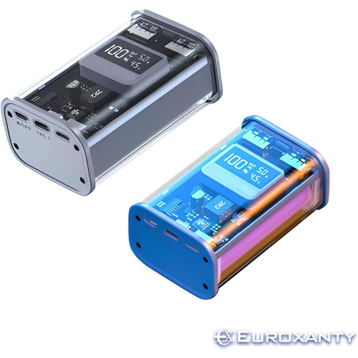 Павербанк EUROXANTY 20 000 мАг портативний акумулятор з РК-дисплеєм Прозорий USB Powerbank синій