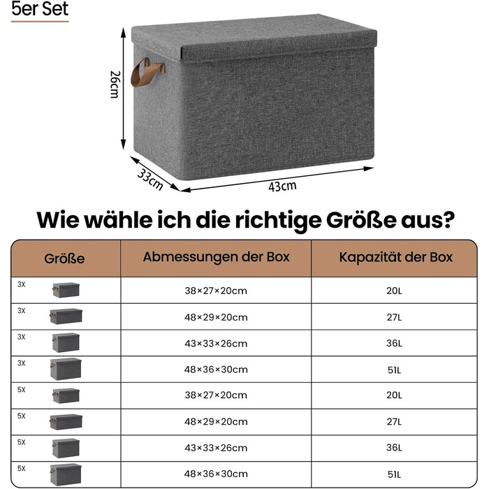 Набір з 5 складних коробок для зберігання з кришкою, 36 л, сірий, 43x26x33 см