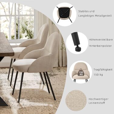6 стільців для їдальні з підлокітниками – ергономічні оббиті стільці, сучасні кухонні стільці з льоновим покриттям та металевими ніжками, для вітальні, їдальні, кухні, бежевий колір, комплект 6 шт.