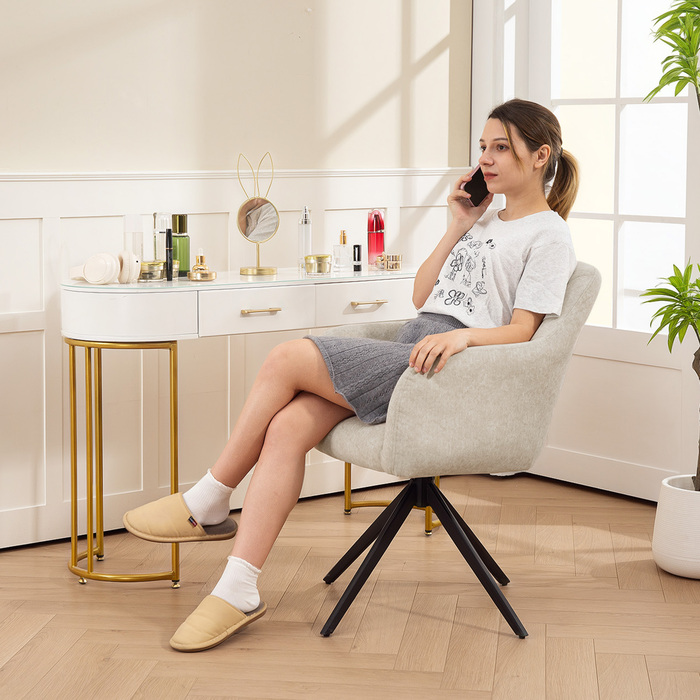 Крісло-акцент на поворотній базі, м'яке крісло з тканинною оббивкою, з підлокітниками, сталеві ніжки, ідеально підходить для вітальні, спальні, офісу, бежевого кольору.