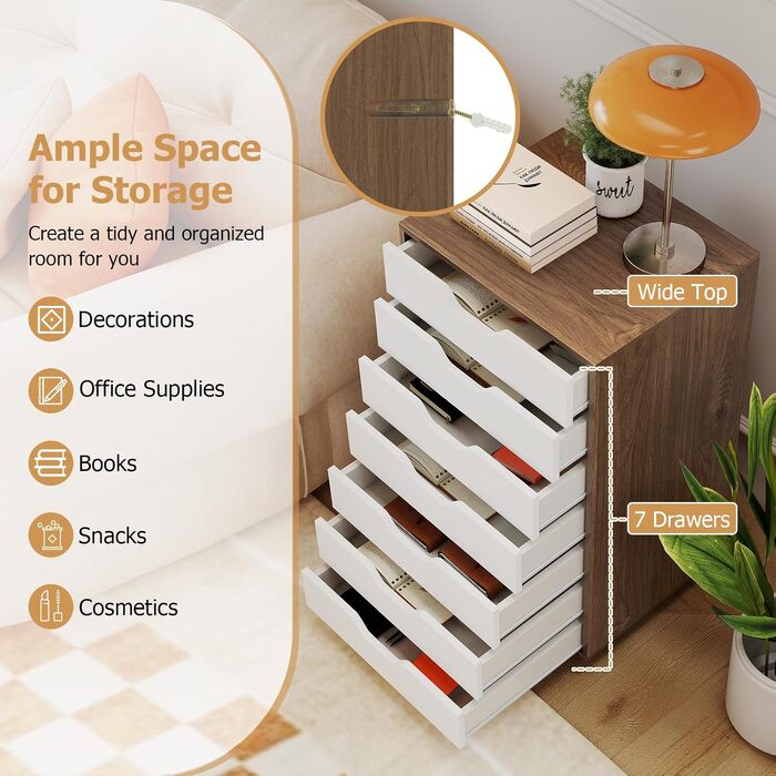 Роликовий контейнер KOMFOTTEU з шухлядами, мобільний офісний шафа, візок для документів, білий, для файлів та паперів (натуральний колір)