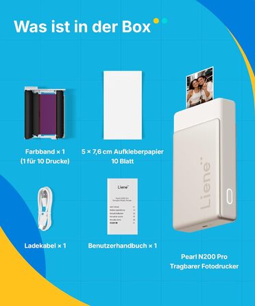 Портативний міні-фотопринтер Liene Pearl N200 Pro з технологією сублімації, Bluetooth, 300 dpi, для iPhone та Android, з 50 фото (5x7,6 см) та 5 картриджами, акумулятор, золото