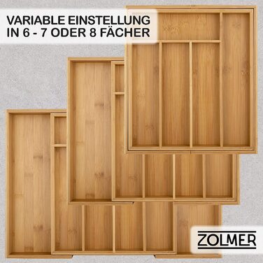 Ящик для столових приборів ZOLMER з бамбука - регульована за розміром вставка ящика з 5-7 відділеннями-Система впорядкування ящиків з