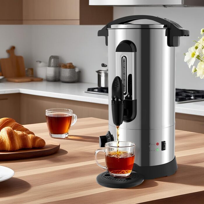 Глювайновий нагрівач з 10 чашками | 1500W нагрівач гарячих напоїв з нержавіючої сталі з термостатом 30–110°C, функцією підігріву та краном | Глювайновий автомат для вечірок (8л, срібний)