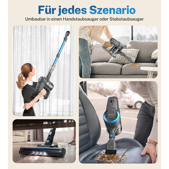 Бездротовий акумуляторний пилосос для дому, 25000Pa, 175W, 50 хвилин роботи, антизаплутана щітка, самостійна парковка, легкий, для килимів, твердих поверхонь, шерсті тварин (блакитний)