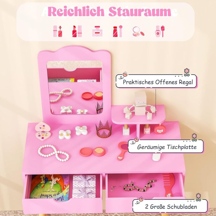 Детский туалетний столик COSTWAY 2-в-1 зі стільчиком та дзеркалом, з шухлядами, для дівчаток 3-7 років (Рожевий, без підсвічування)