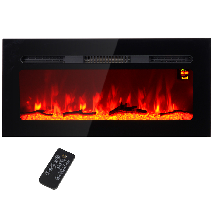 Електричний камін HOMCOM з настінним кріпленням та пультом дистанційного керування, з імітацією дров та кристалів, потужністю 1800 Вт, чорного кольору