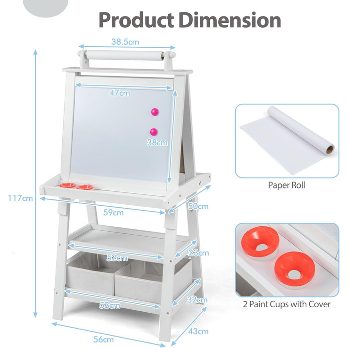 Дитяча дошка LIFEZEAL 3 в 1 двосторонній мольберт з дошкою, крейдяною дошкою та рулоном паперу (білий)