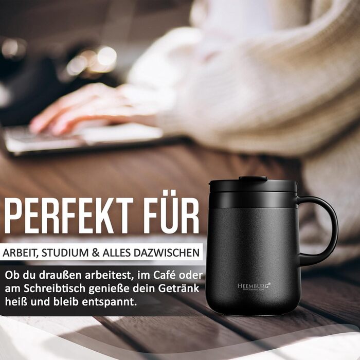 Термокружка з ручкою, подвійні стінки, вакуумна ізоляція, нержавіюча сталь 18/8, з 2 кришками, протиковзке дно, 440 мл, для офісу та робочого місця