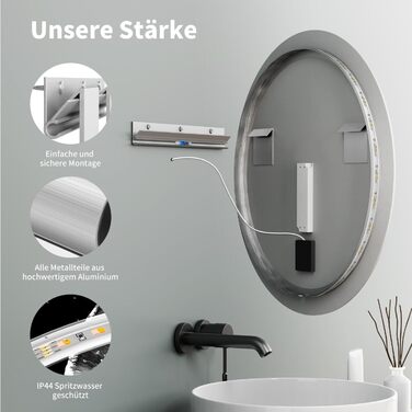 Дзеркало для ванної кімнати HOKO Design Riga, кругле, 60 см, з металевим каркасом, LED-підсвічування, сенсорне управління, регулювання кольору світла (80x80 см, срібло)