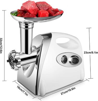 Електрична м'ясорубка та машина для ковбас 2800 Вт, з реверсом, 3 диски, набір для ковбас та куббе (біла)