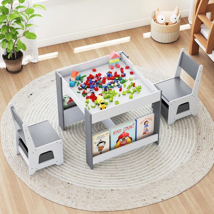 Дитячий стіл COSTWAY з 2 стільцями: дерев'яний набір 4-в-1 з полицями та ящиками для зберігання (від 3 років)