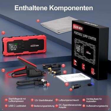 Powerbank для автомобіля з компресором Starthilfe 6000A, LED-ліхтарик, 12V, для 8L бензину/10L дизеля